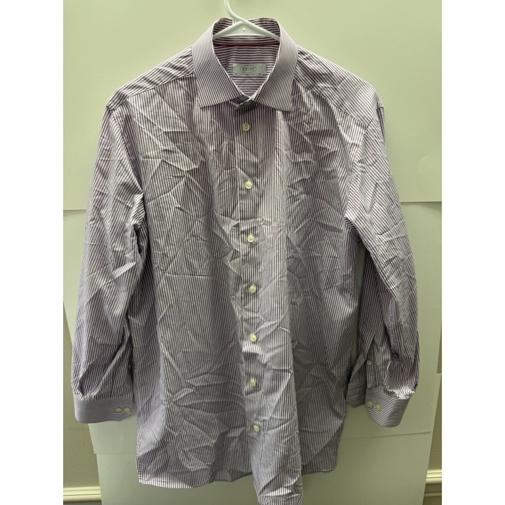 Eton Contemporary Fit Dress Shirt 16.5 42 L Purple White Stripe Contrast Trim